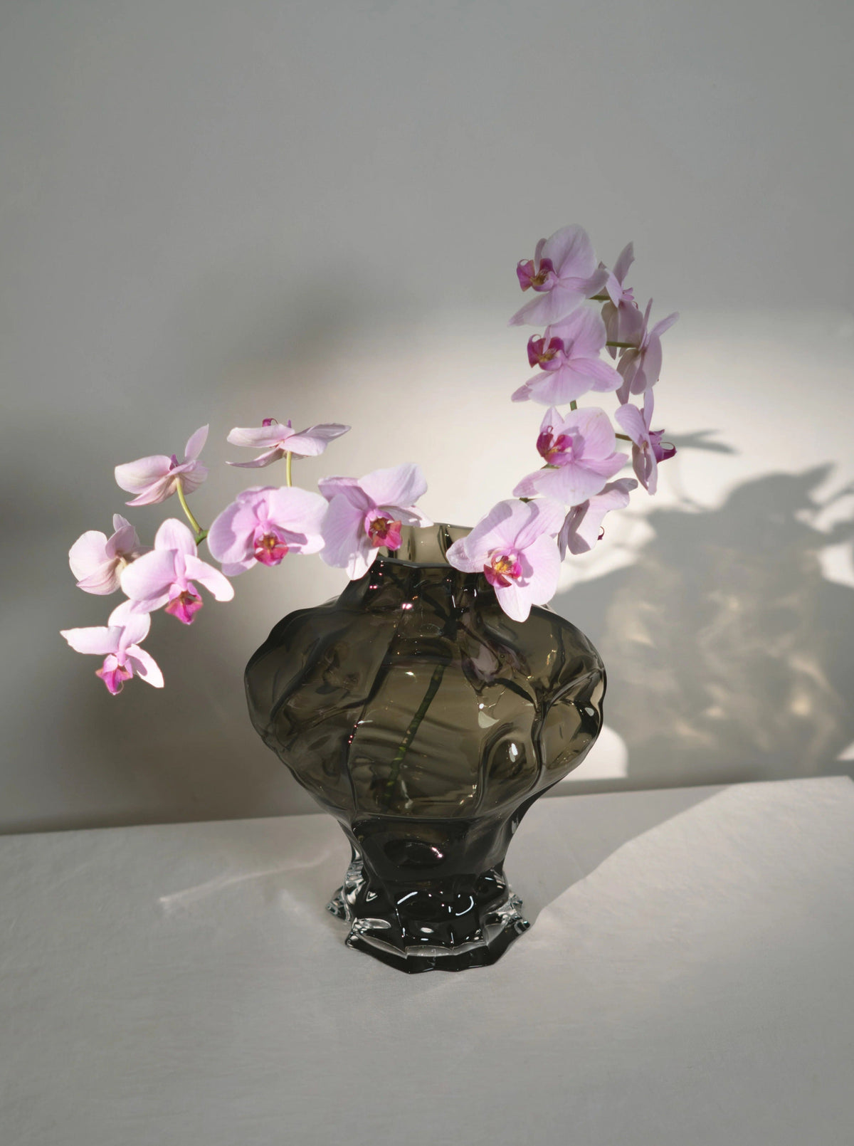 Ammonit Vase - New Smoke — side angle with orchids against neutral backdrop