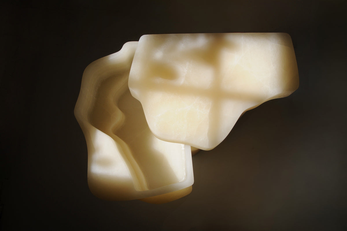 White Moth Nightstand / Side Table in White Onyx Marble — in context