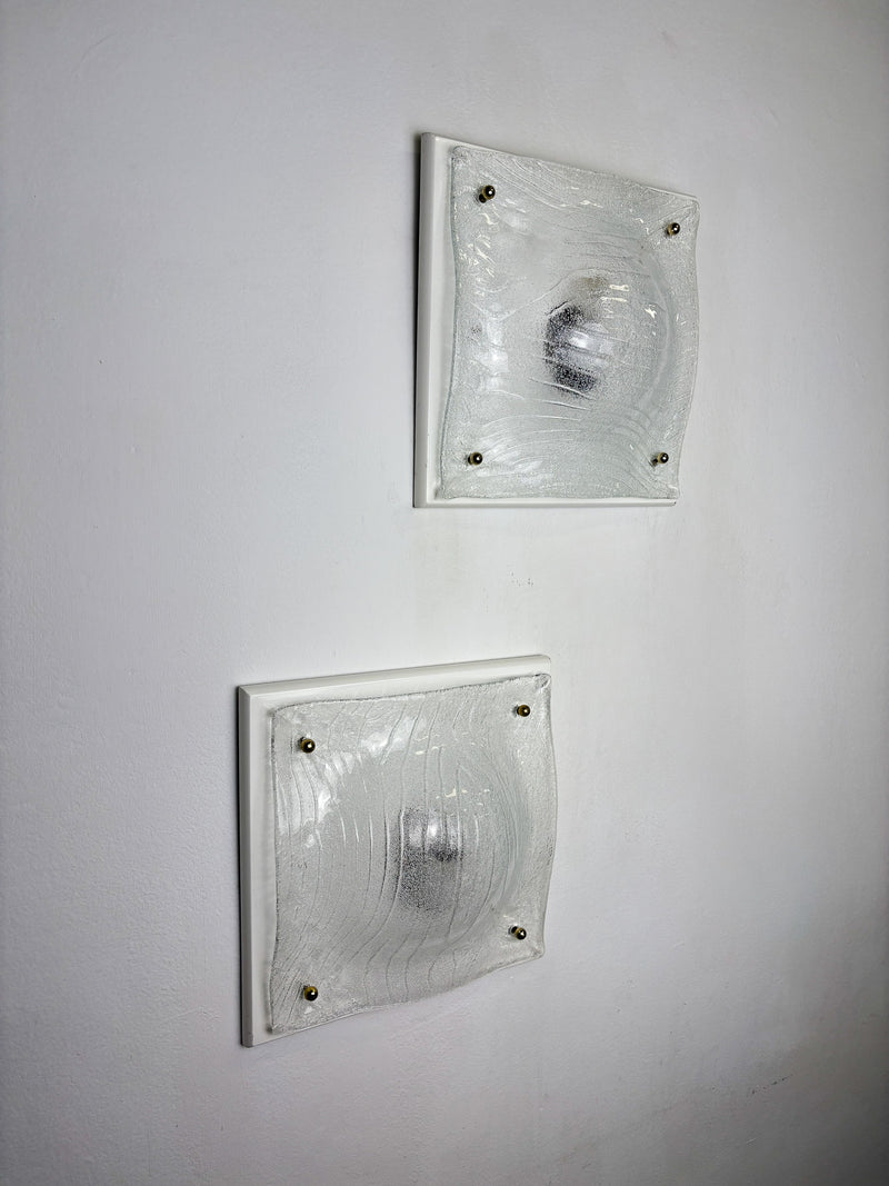 Pair of Murano Frosted Textured Glass Wall Lights, Italy, 1960s — close-up