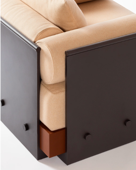 LACAN beige leather armchair with dark wood frame detail