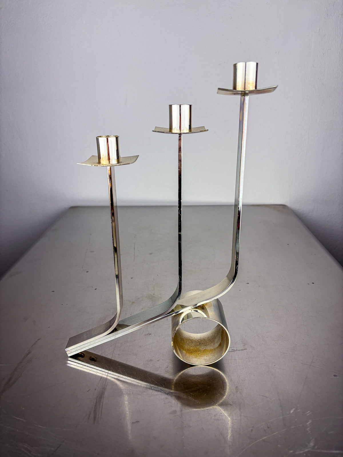 Art Deco 3-Flame Candelabra in Stainless Steel, France — close-up