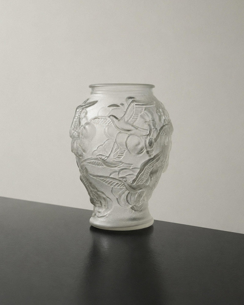 Vintage 1930s Art Deco Pressed Glass Vase by Josef Inwald, Czech, Swallow Relief, Frosted Glass, Antique Home Decor, Timeless Gift Idea by Bottega Jacobs