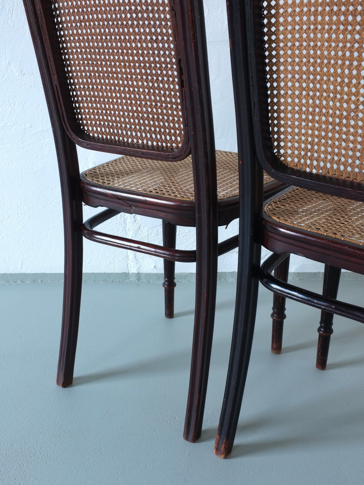 Two vintage Thonet bentwood cane chairs showing curved backs detail