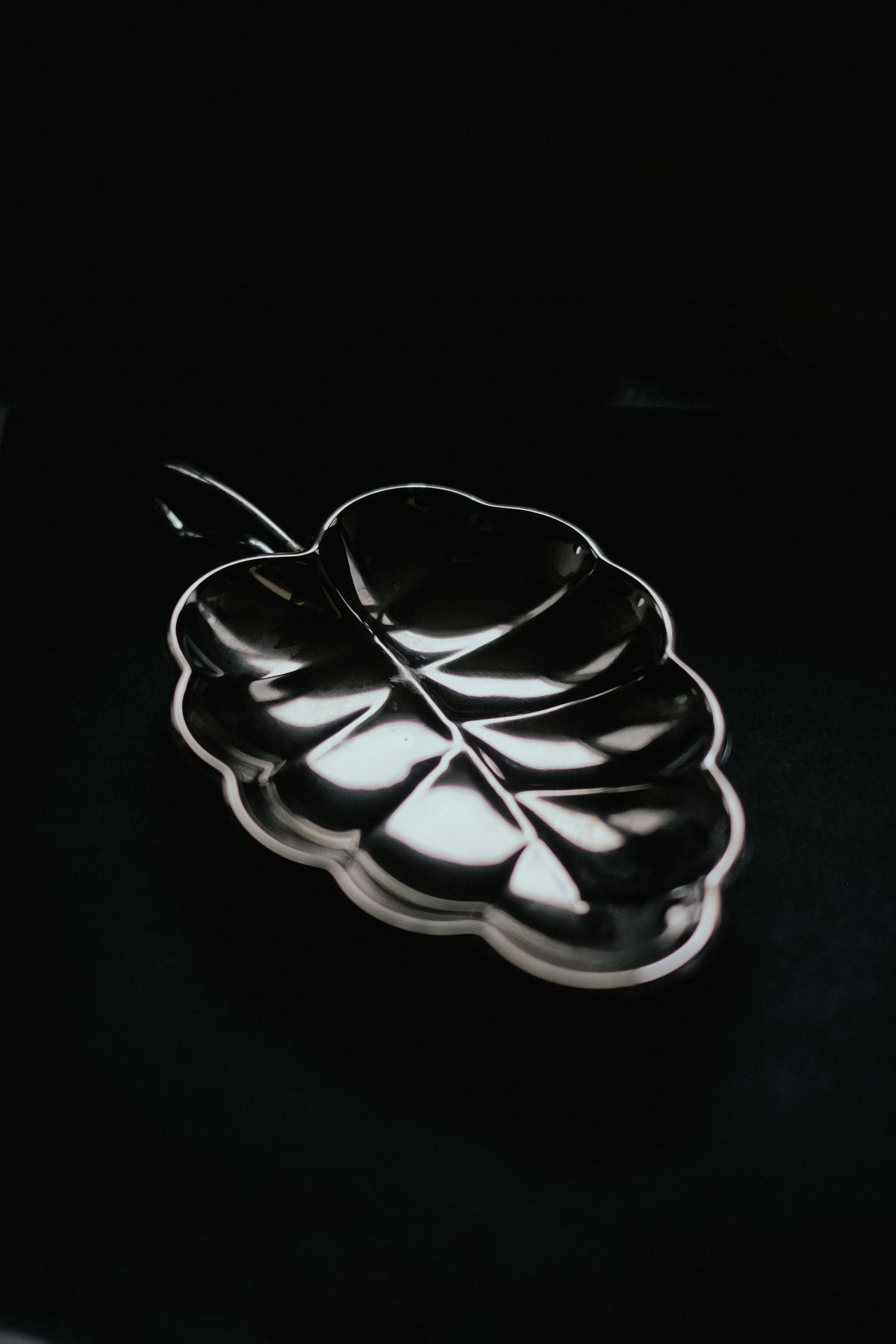 A close-up of the septembre studios Serving Dish Leaf on a dark background showcases its glossy metallic finish, detailed vein patterns resembling a real leaf, and vintage appeal. It includes a small handle for functionality and decoration.