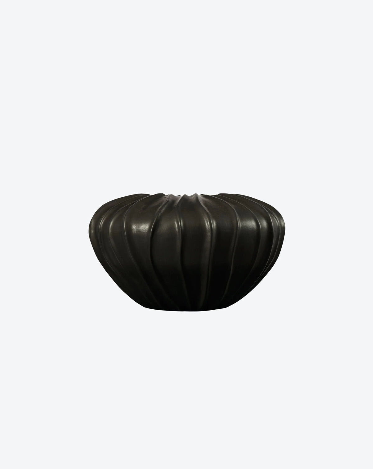 From the Ransom & Dunn Cloak Ceramic Collection, the Wide Cloak Vase is a dark, rounded piece with ribbed detailing, handmade in Portugal. Its small opening evokes the look of a pumpkin or gourd and is elegantly displayed against a plain off-white background.