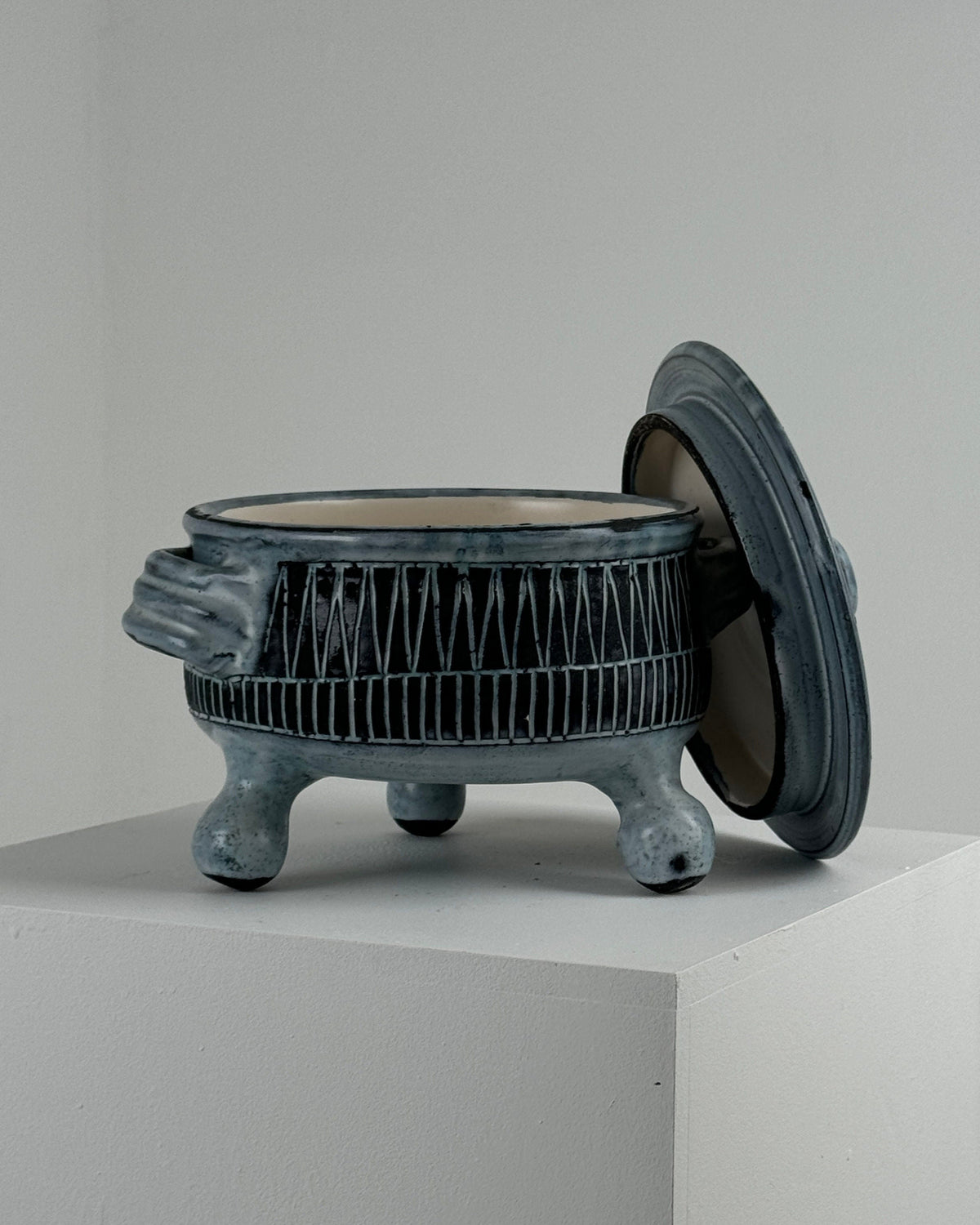 Blue ceramic tureen with geometric patterns and lid by Jacques Pouchain