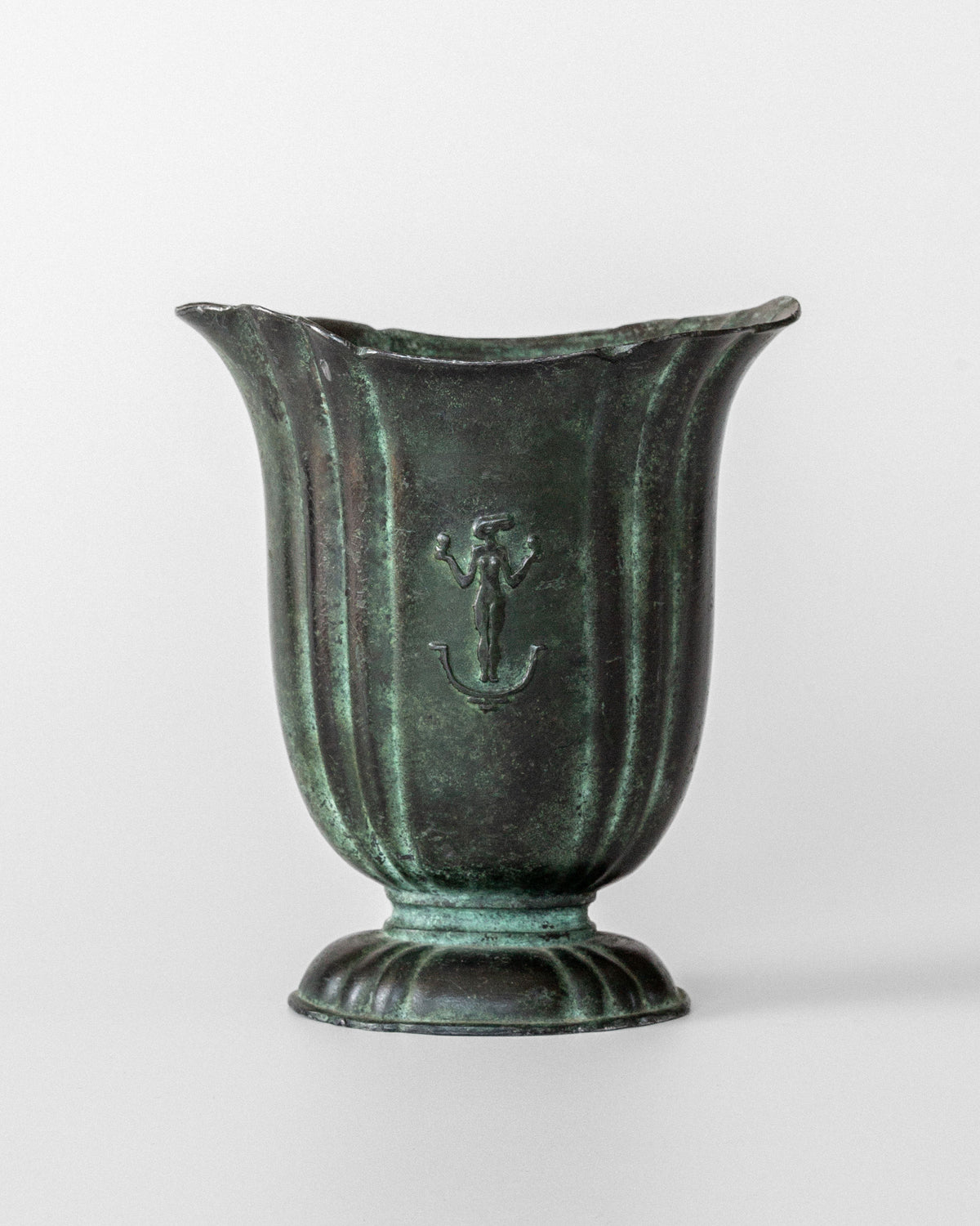 Green patina cast iron Art Deco vase with anchor motif detail