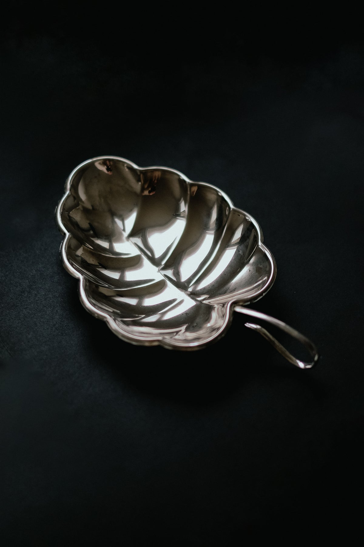 The septembre studios Serving Dish Leaf features a shiny, metallic leaf design with intricate veins for vintage appeal, set against a dark background. It includes a small handle on one side.