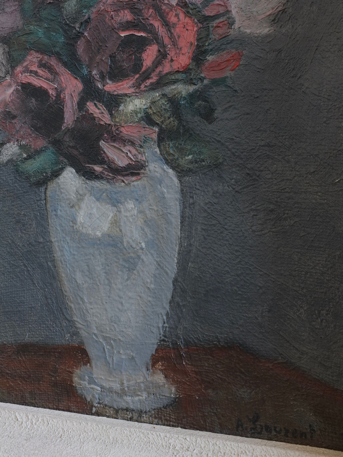 Close-up detail of roses in white vase oil painting 1910s