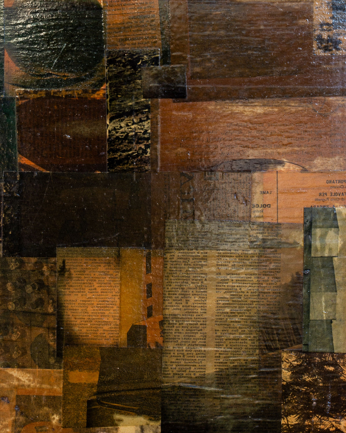 The Mid-Century Abstract Collage Artwork by Spigel features a textured, abstract patchwork of paper fragments in earthy shades of brown, orange, green, and black. This 1964 Swedish piece creates a layered vintage feel with faint text and diverse patterns reminiscent of modernist art.