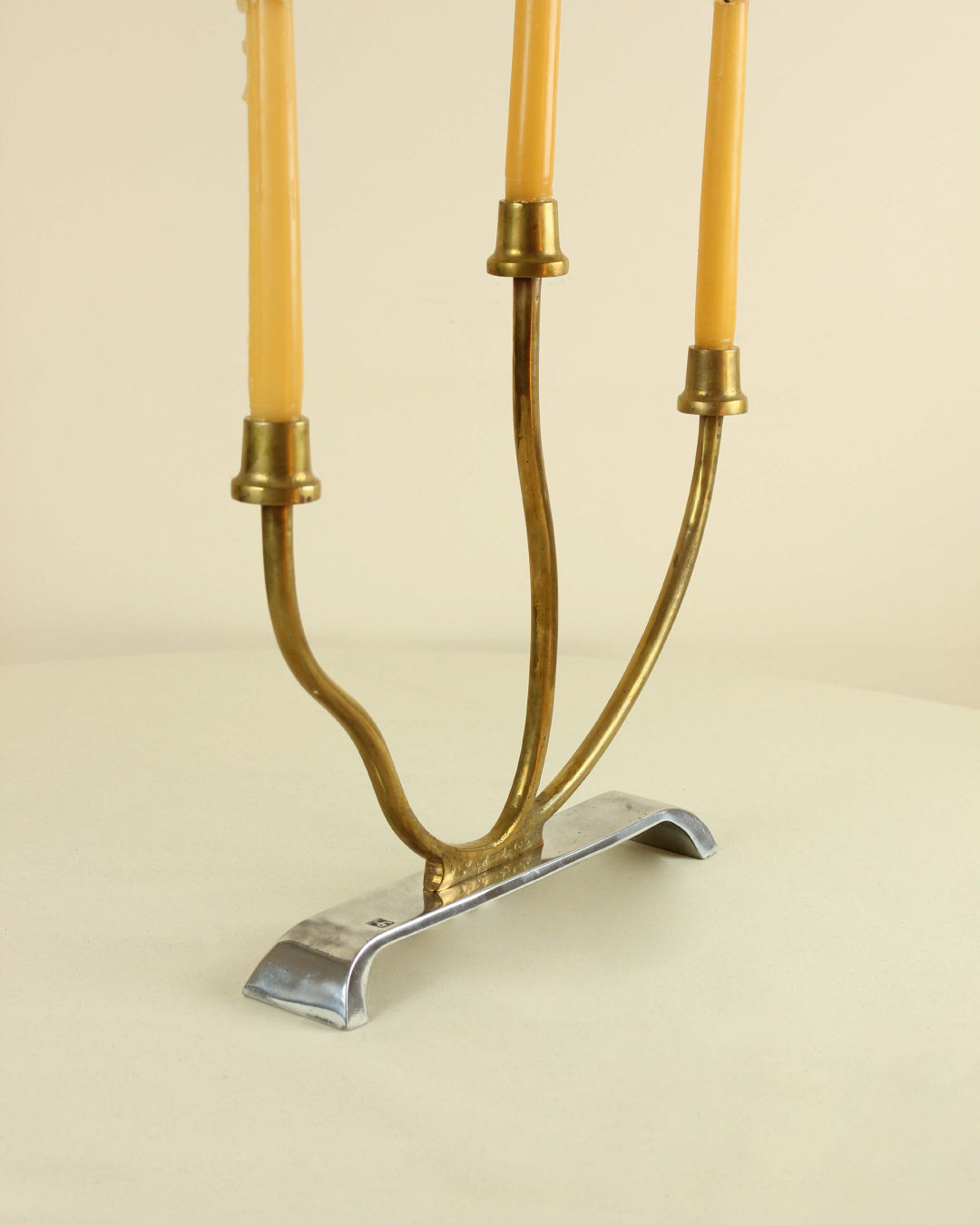 Three-arm brass and aluminum candelabra by David Marshall detail