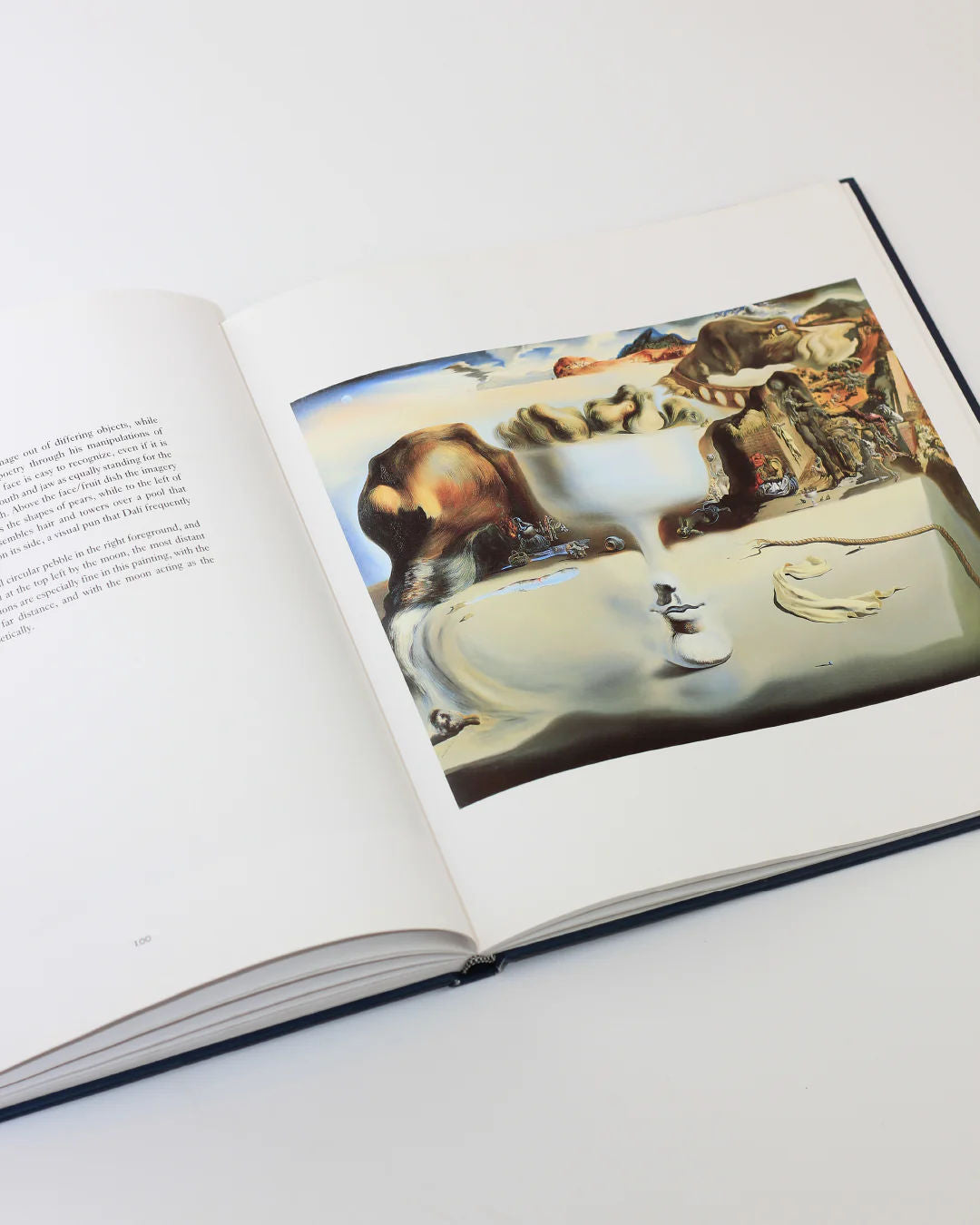 The "Dali The Masterworks Book" by Boga Avante Shop, displayed on a white surface, reveals a surreal painting with abstract forms reminiscent of Salvador Dalí in earthy tones. Partially visible text enhances the elegance on the left page.