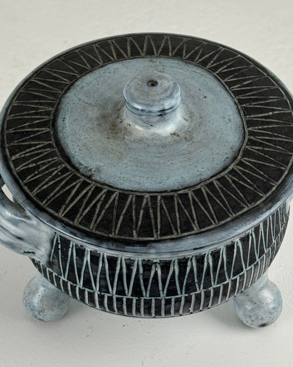 Handcrafted ceramic tureen with geometric sgraffito pattern by Pouchain