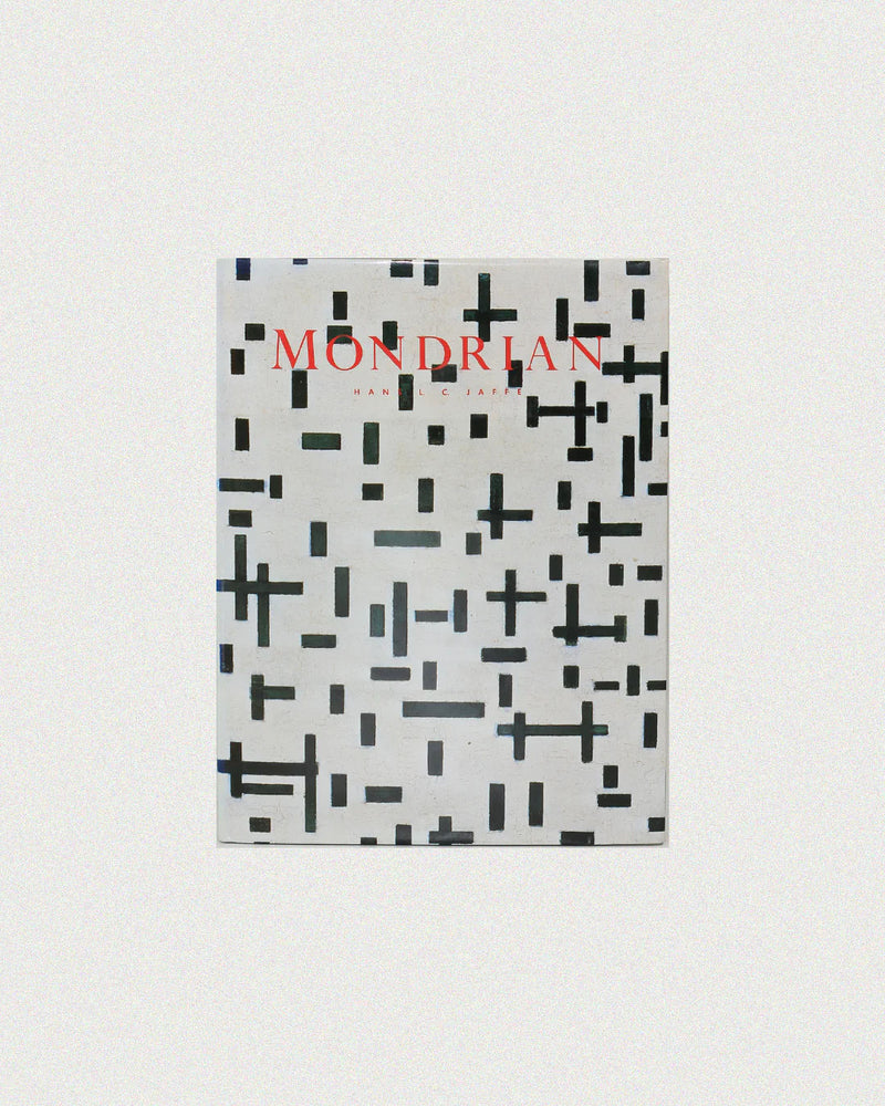 Book cover of "Mondrian" by Hans L.C. Jaffé, provided by Boga Avante Shop, displaying a grid of black lines on white that captures Piet Mondrian's abstract style and the essence of neoplasticism.