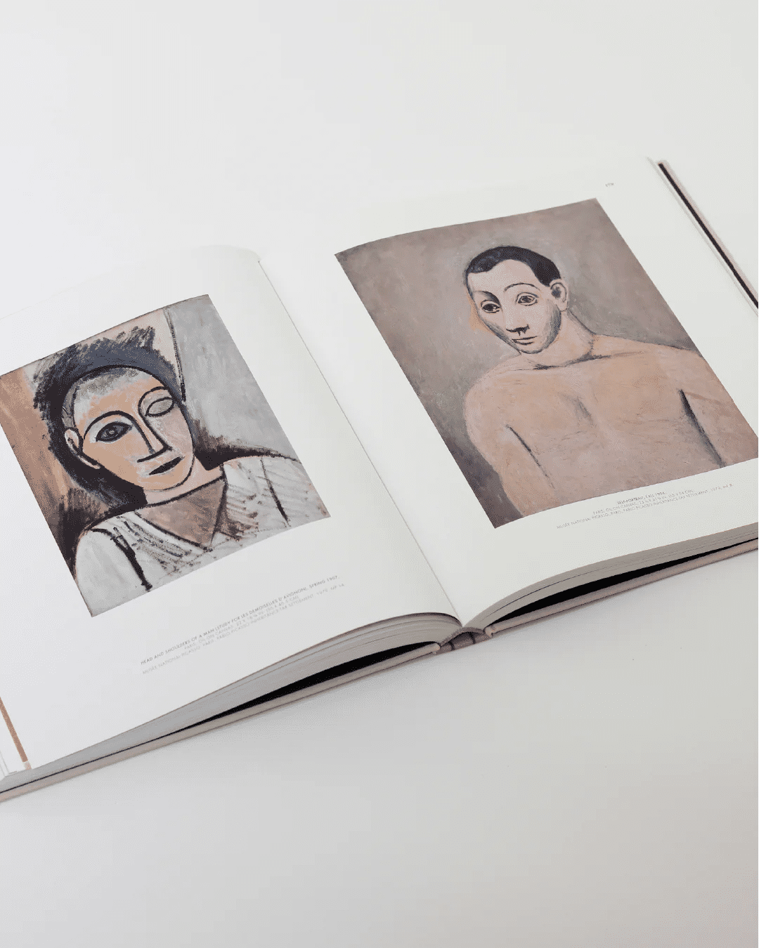 The Cubist Picasso Book from Boga Avante Shop presents two portrait paintings with abstract and simplified features reminiscent of Picasso's Cubist style. The left page showcases a person portrayed with angular shapes, whereas the right emphasizes minimal details, all in soft, muted colors characteristic of Pablo Picasso's influence.