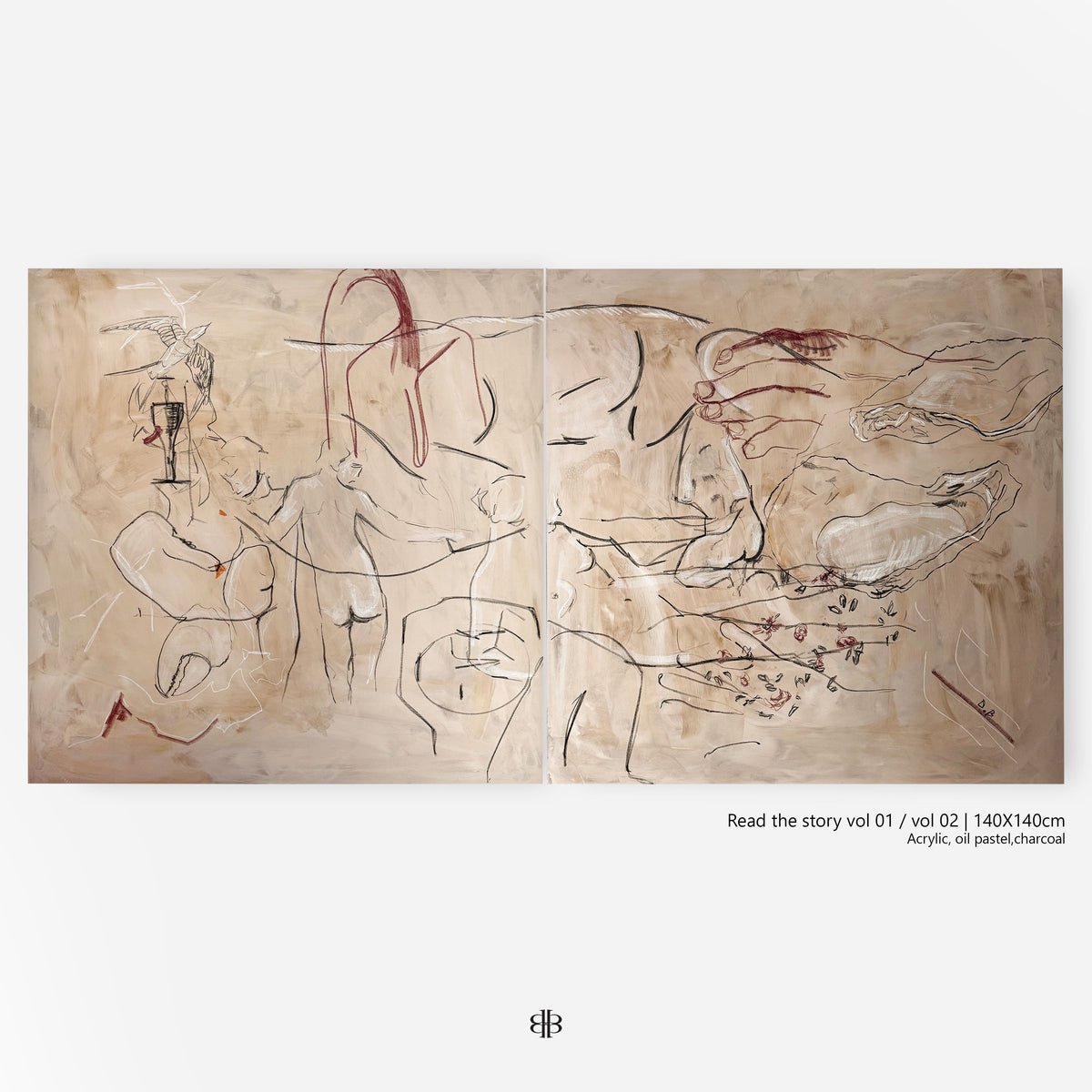 ‘Read the story vol. 01 and vol.02’ Painting by Dovile Bernotaite features a beige diptych with minimalist line drawings of figures, a horse, and organic shapes in red, black, and white acrylics—title marked at lower right.