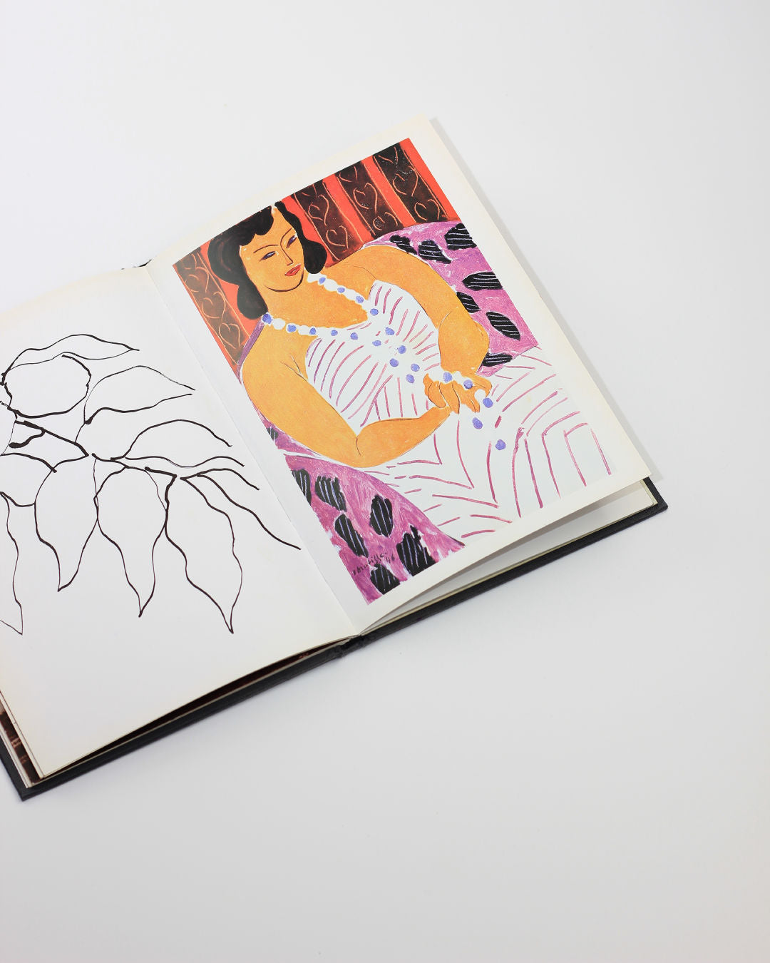 The 'Matisse in Nice' Book by Boga Avante Shop lies open on a white surface, featuring a colorful woman in stripes with blue beads on one page and black leaf drawings on the other, capturing the vibrant essence of Matisse's style.