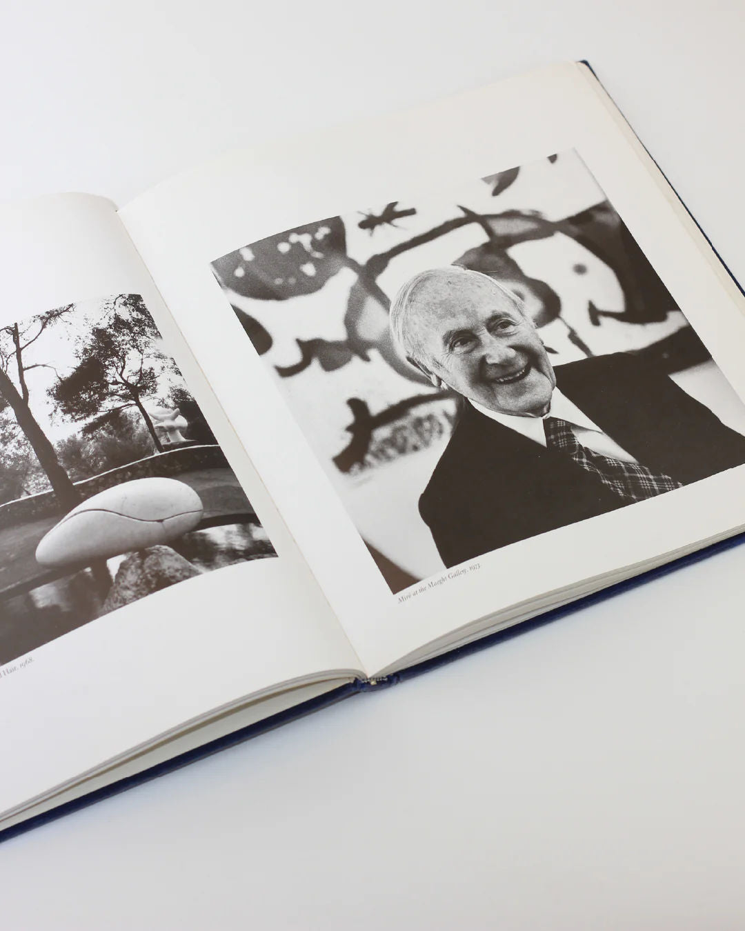 The "Mirò The Masterworks Book" by Boga Avante Shop features black and white photos, including a surrealist outdoor sculpture on one page and an elderly man's portrait on the opposite page. Its backdrop evokes Joan Miró's abstract patterns, offering a modern art touch.