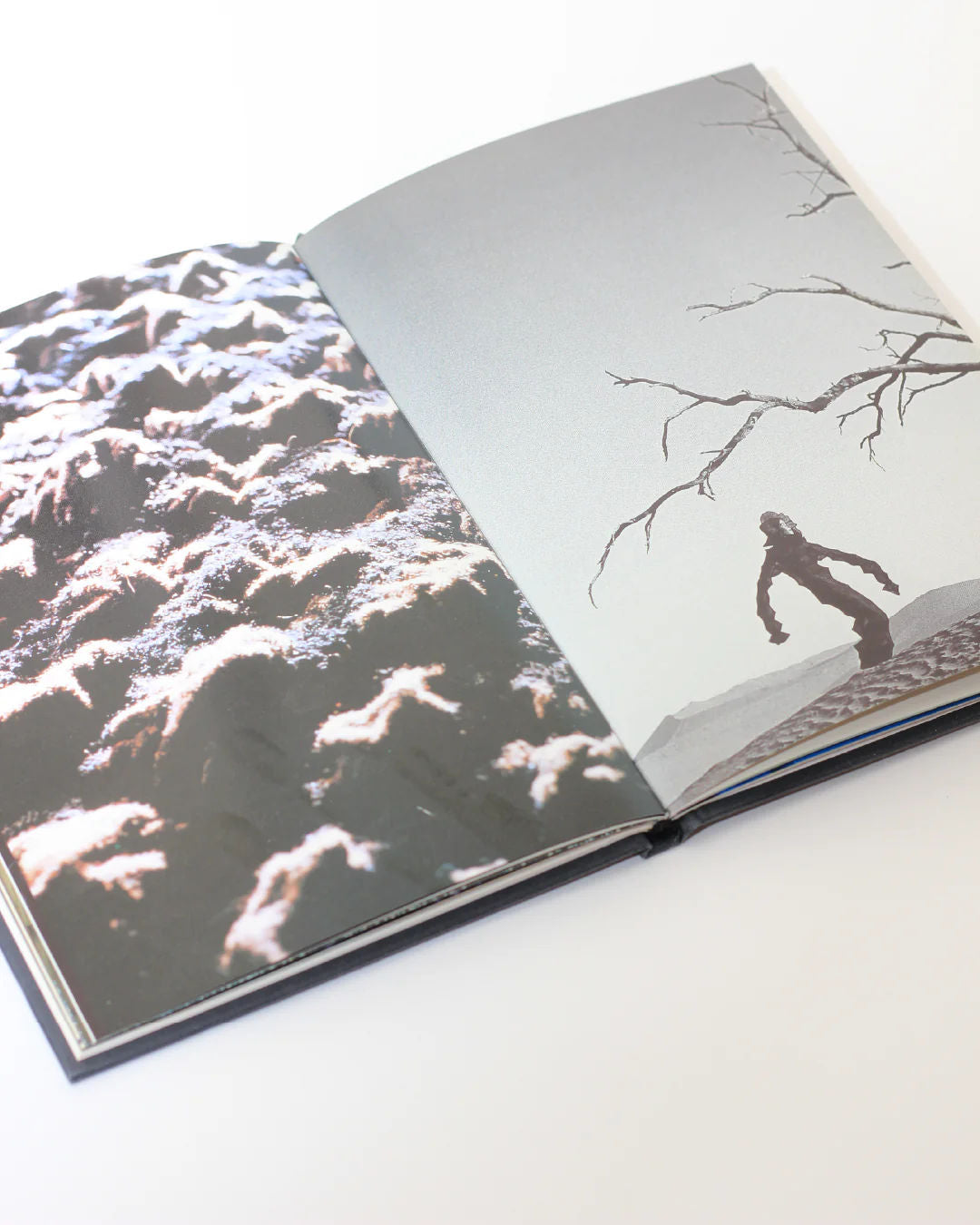 An open Issey Miyake Book from Boga Avante Shop showcases two pages: on the left, a textured black and white pattern evokes a forest scene reminiscent of Issey Miyake’s pleating techniques; on the right, a silhouette of a figure walks on a hill with a bare tree branch in the background.