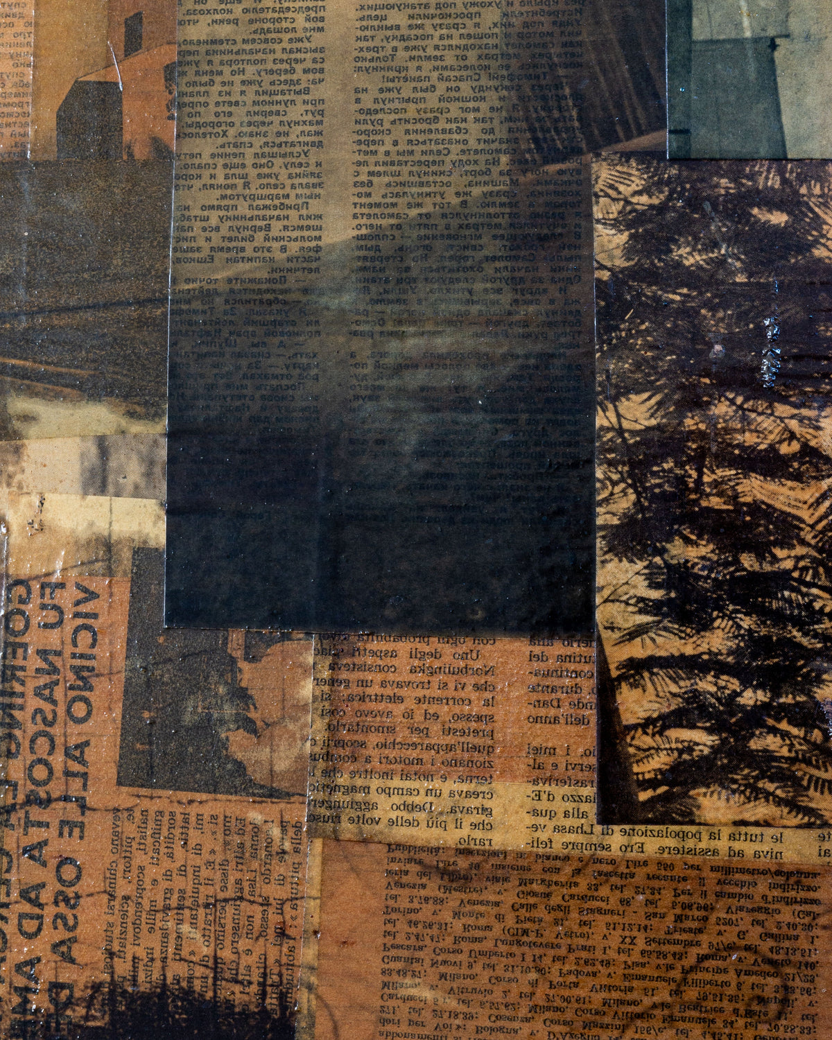 The Spigel Mid-Century Abstract Collage Artwork | 1964, Sweden features a nostalgic patchwork of vintage-style newspaper clippings and photos in dark, faded colors, with text fragments and blurred tree silhouettes for a modernist visual effect.