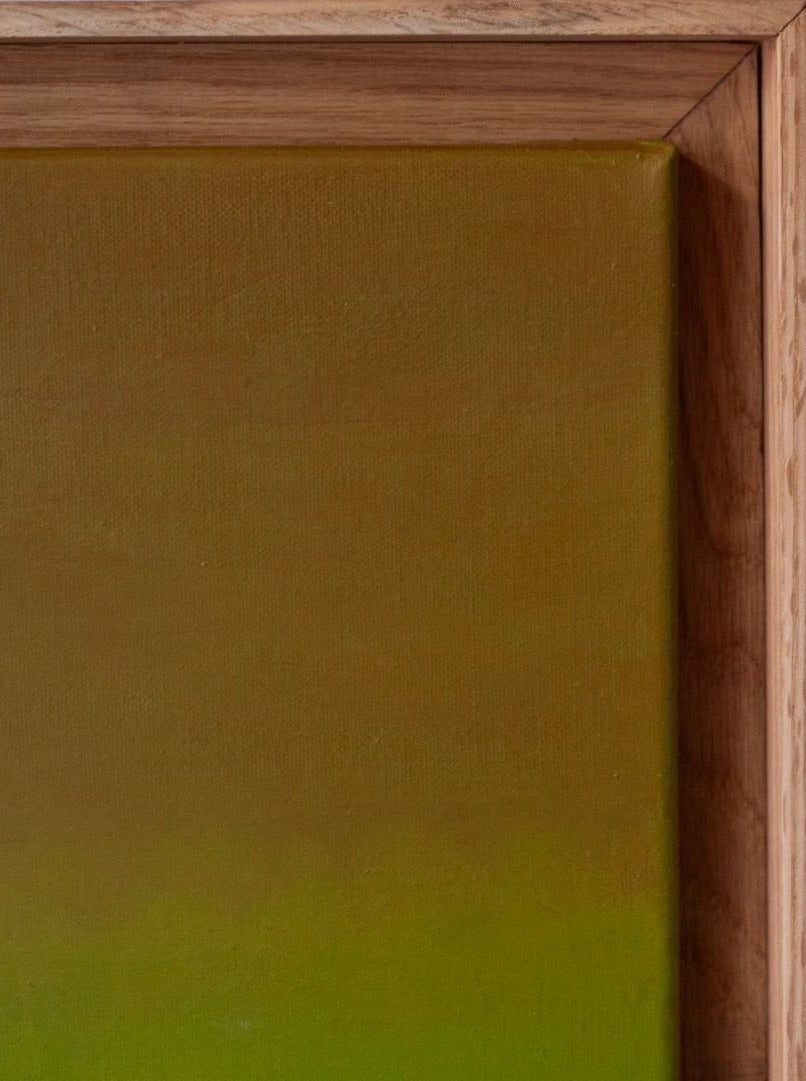 A close-up of a wooden picture frame corner with a segment of Rebecca von Matérn's exclusive masterpiece, Untitled Acrylic on Canvas, 2024, within. The painting displays a gradient of green hues transitioning to yellowish-brown.