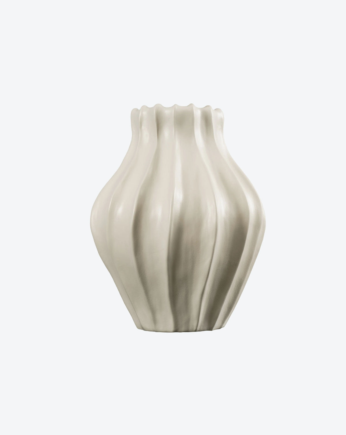 Introducing the Medium Cloak Vase by Ransom & Dunn: a white, wavy ceramic piece with a smooth, glossy finish. Handmade in Portugal, this vase showcases a bulbous shape with vertical grooves and a flared opening against a light background—an eye-catching addition to any ceramic collection.