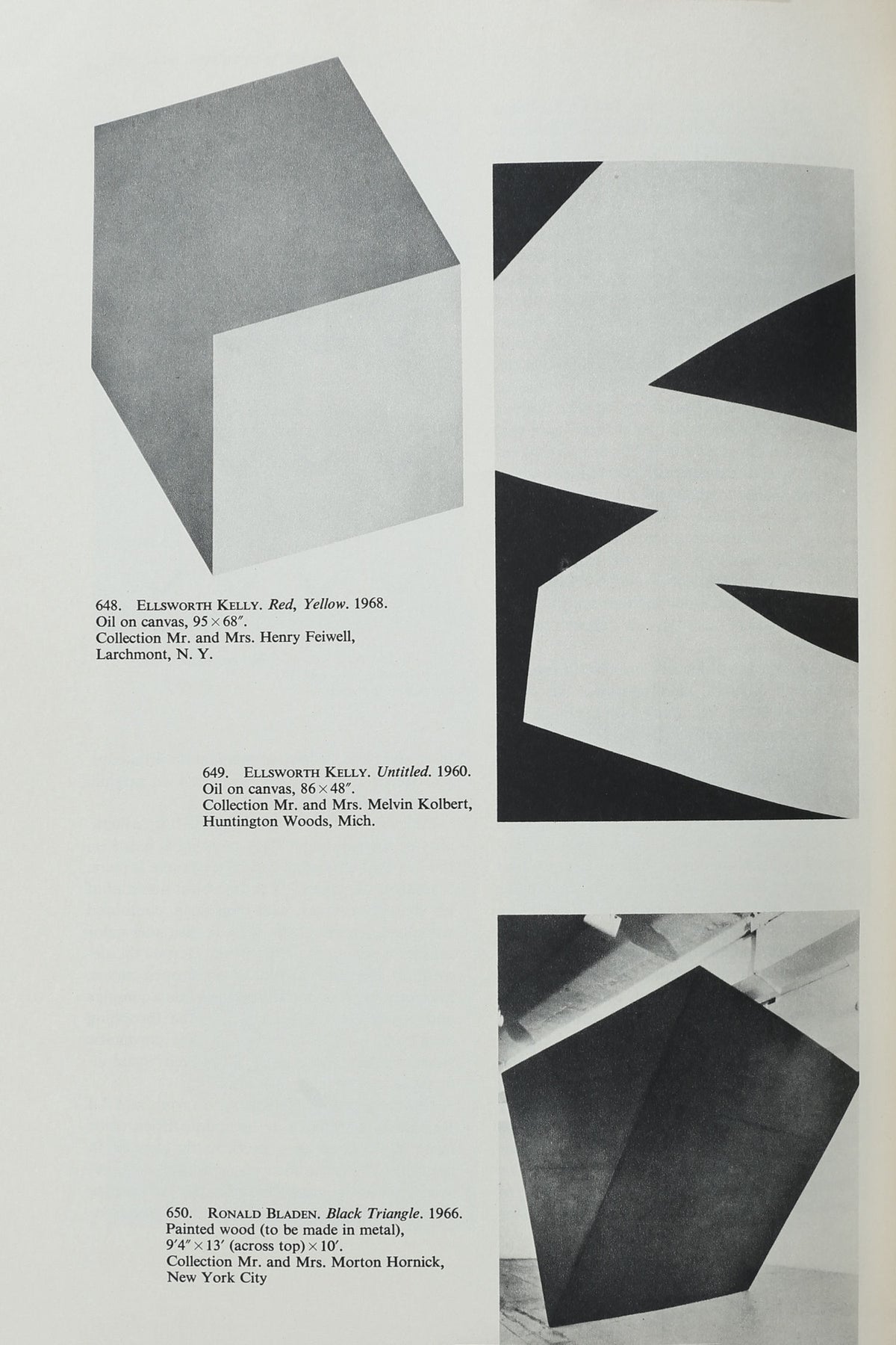 Book pages showing minimalist geometric paintings by Ellsworth Kelly and Ronald Bladen