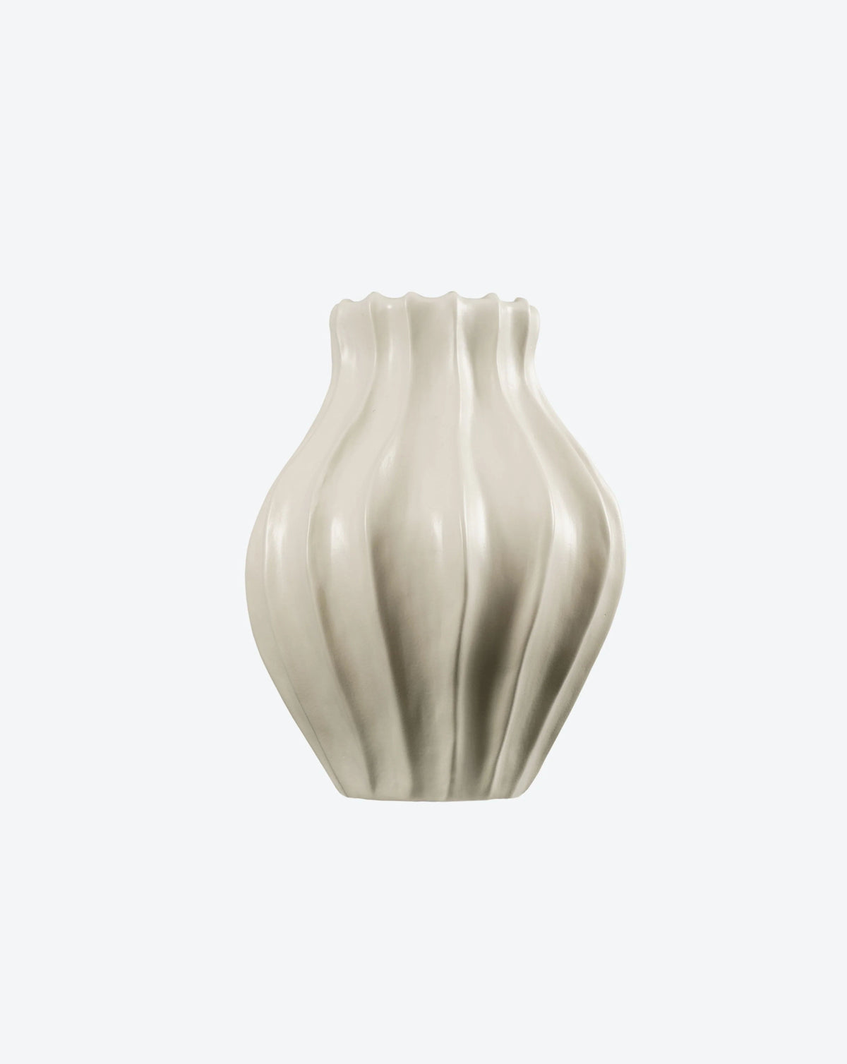 Introducing the Medium Cloak Vase from Ransom & Dunn's ceramic collection. This white, textured masterpiece is handmade in Portugal, featuring a wavy vertical pattern reminiscent of petals or ripples against a simple light backdrop.