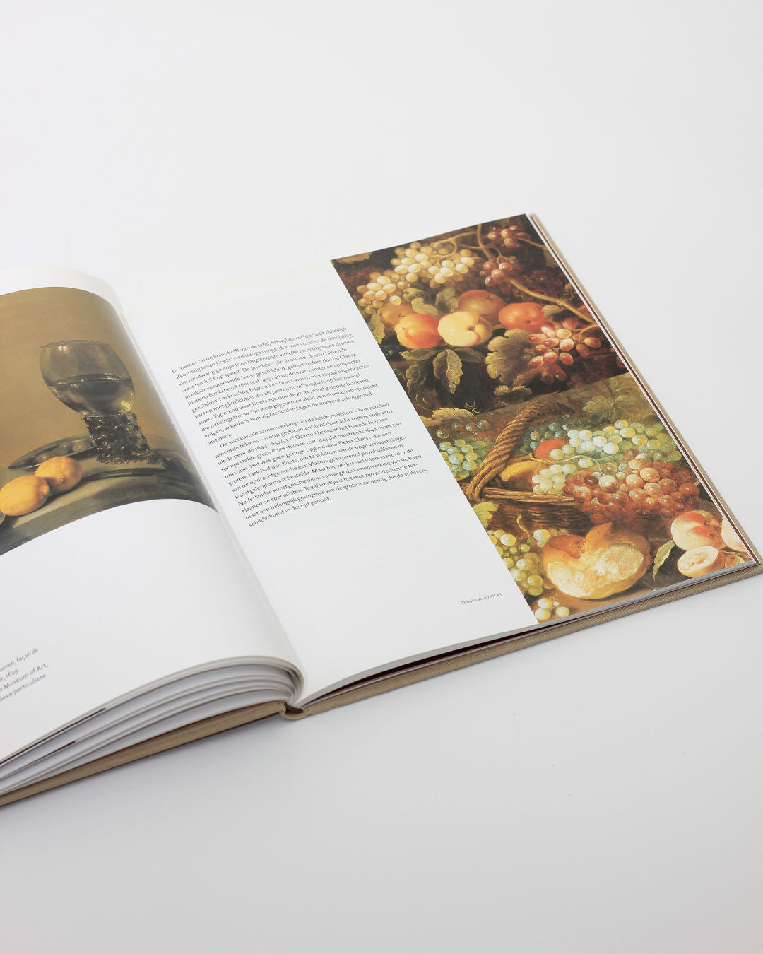 Open Pieter Claesz art book showing Dutch still life fruit paintings