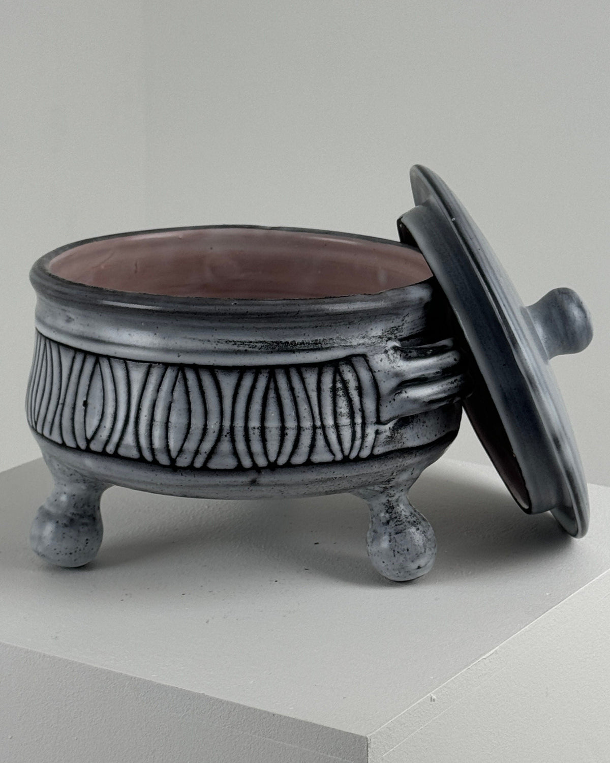Gray ceramic tureen with carved motifs and lid by Jacques Pouchain