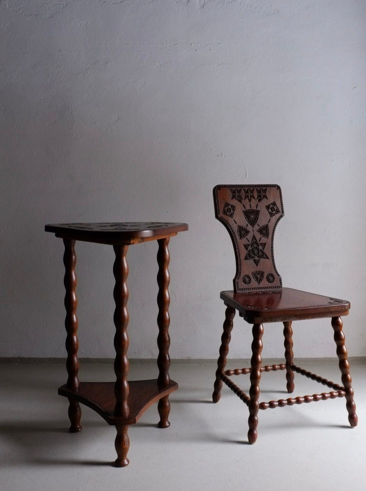 Carved wood chair and table set from 1960s Sweden