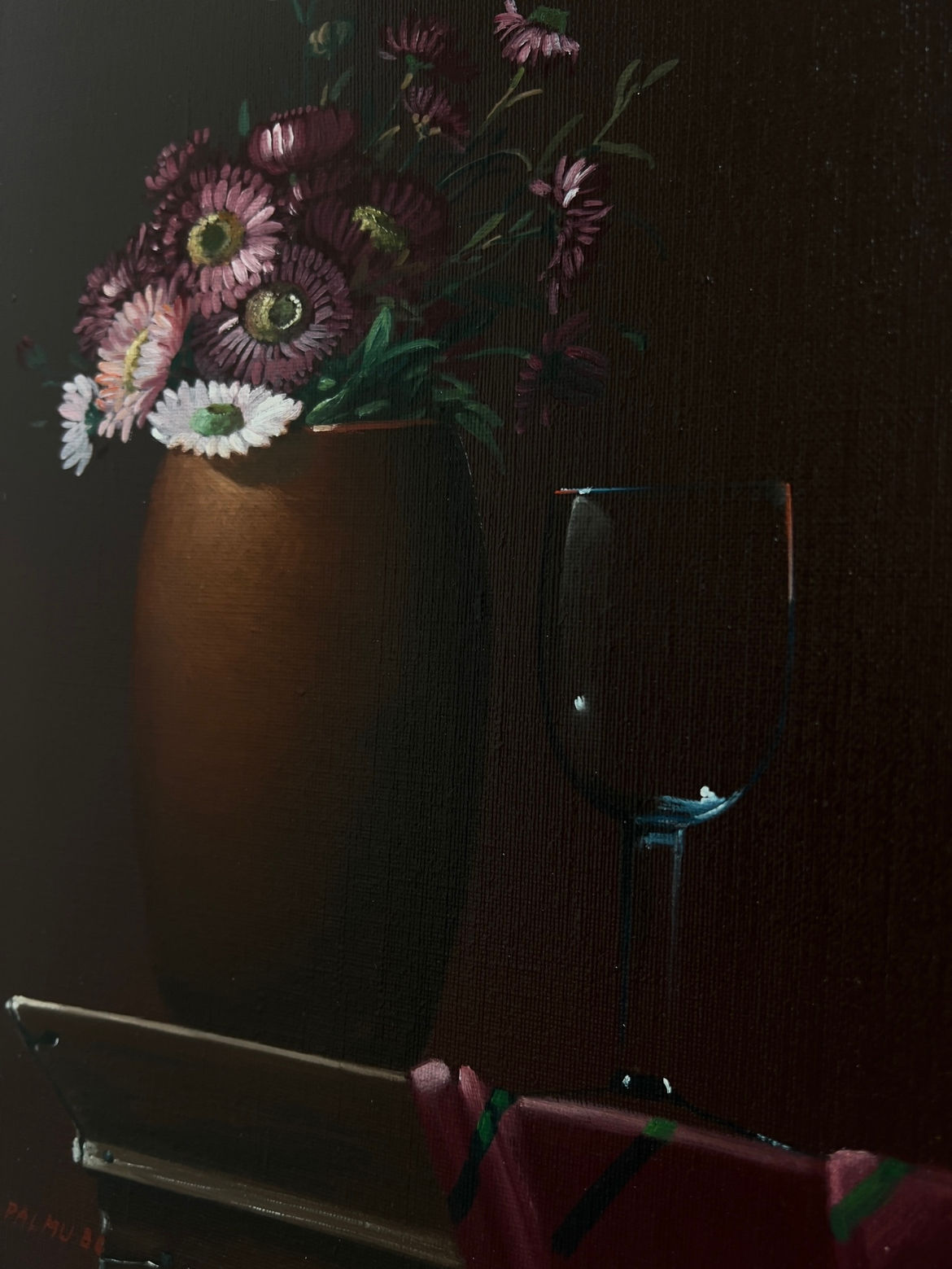 The Still Life Painting by Jan Palmu (Finland, 1986) from Veter Vintage features a brown vase with pink and white flowers beside an empty wine glass on a red-draped table, rendered in realistic style with dramatic lighting and deep shadows.
