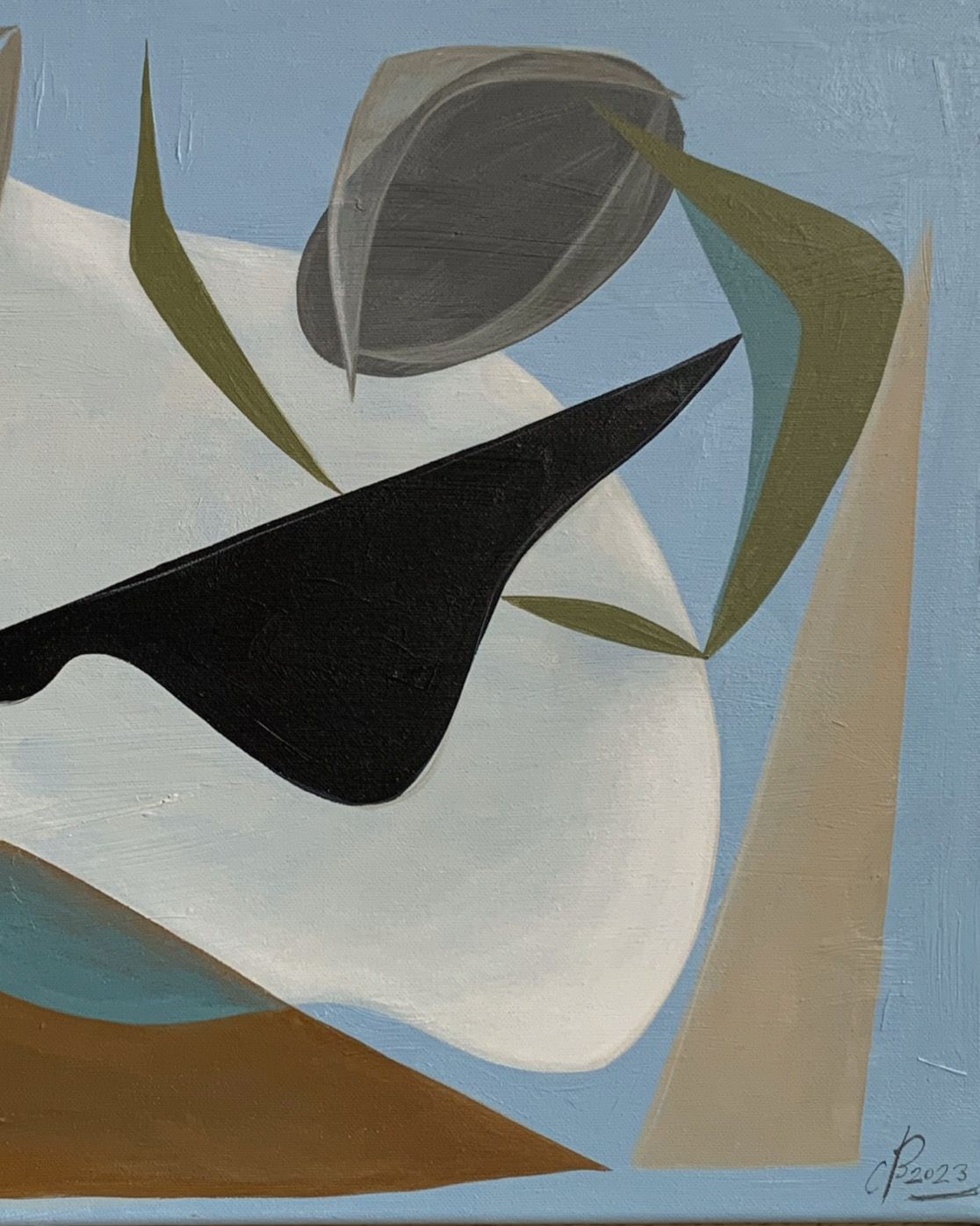 Skyward Symphony," 2023 - Exclusive painting by Cate Adriana. Hand-painted acrylic on linen with geometric shapes and overlapping leaves in muted blue, green, brown, black, and white. Signed and dated at bottom right.