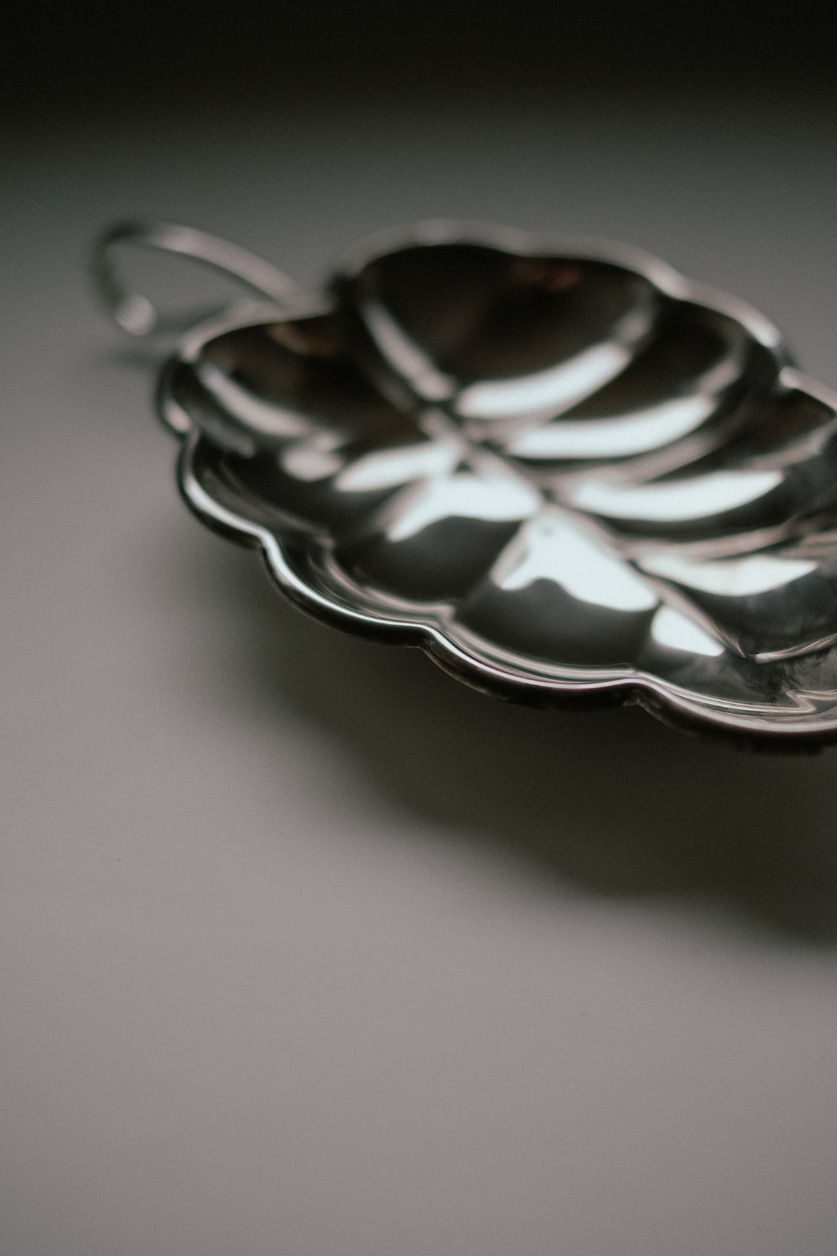A close-up of the septembre studios Serving Dish Leaf shows its shiny, silver finish and detailed leaf veins, with a handle. Resting on a smooth, light gray surface, this dish exudes vintage appeal.