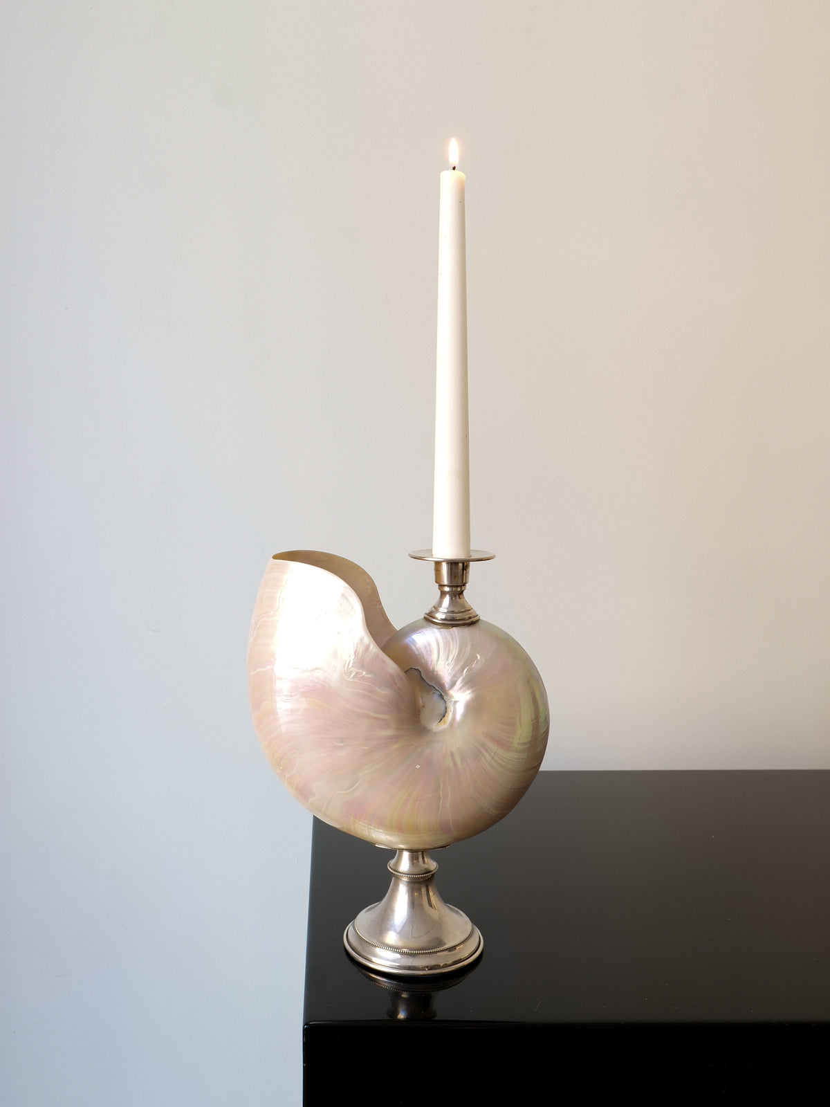 A white candle flickers in the Nautilus Silver Candle Holder by Collection apart, beautifully crafted from a nautilus shell. It rests elegantly on a shiny black surface against a plain light-colored background, exuding sophistication.