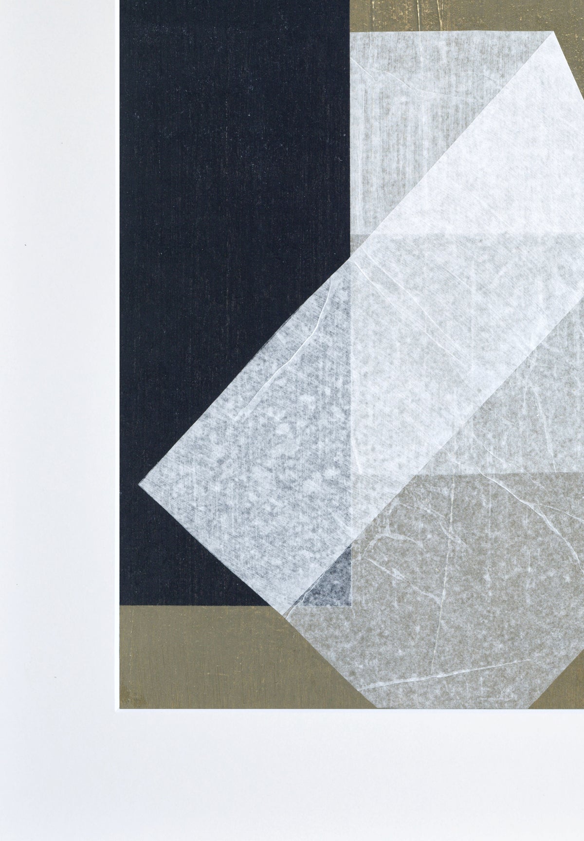 Stone and Gap No.06" by Julita Elbe features overlapping geometric shapes on handmade cotton paper. A dark left rectangle and large semi-transparent center hexagon in gray and olive tones create a layered, textured look reminiscent of paper collage techniques.