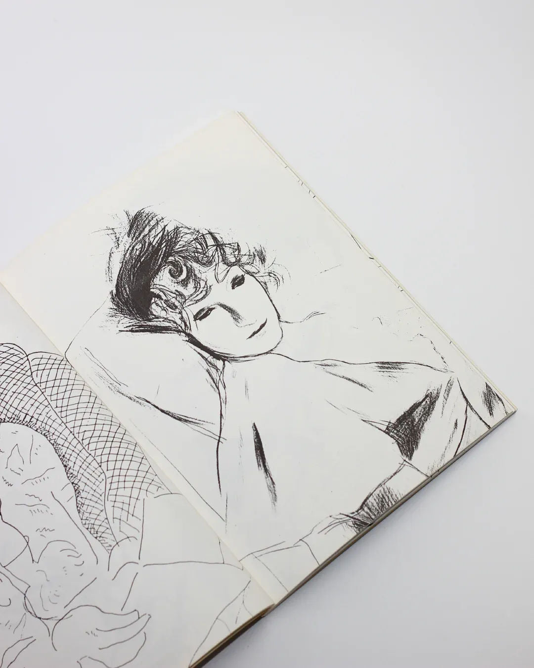 The product "Faces by David Hockney" from Boga Avante Shop features a black ink sketch on an open page, illustrating a reclining figure with short, curly hair and closed eyes. The minimal lines and shading evoke calm simplicity, enhancing the art book's serene vibe.