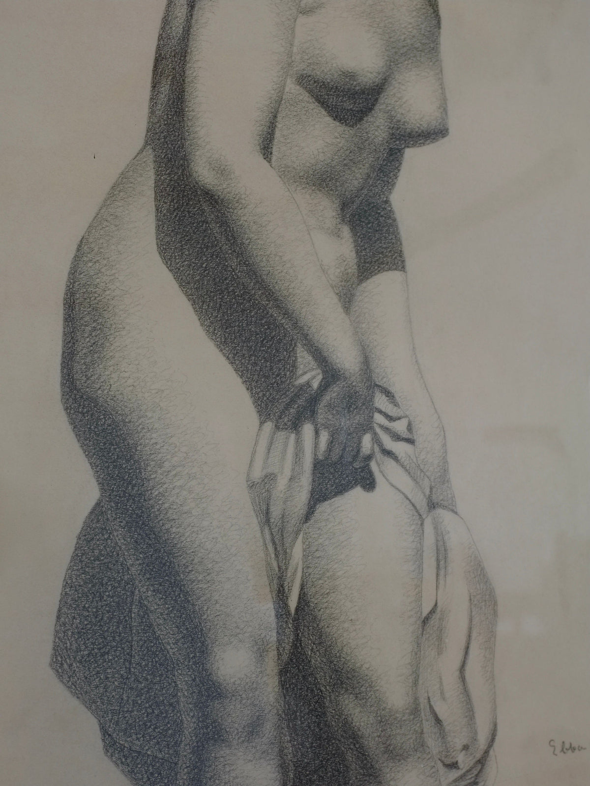 The Ebba Von Wachenfeldt Charcoal Drawing 1883 by Veter Vintage exquisitely captures a classical-style nude sculpture with a modest pose and partial drapery, showcasing shading that emphasizes contours and texture, reminiscent of the 19th-century Swedish artist's technique.