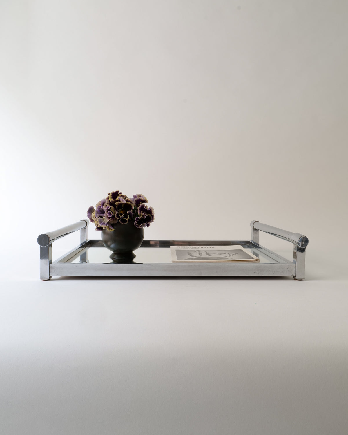 Vintage Adnet mirrored tray with purple flowers and handles