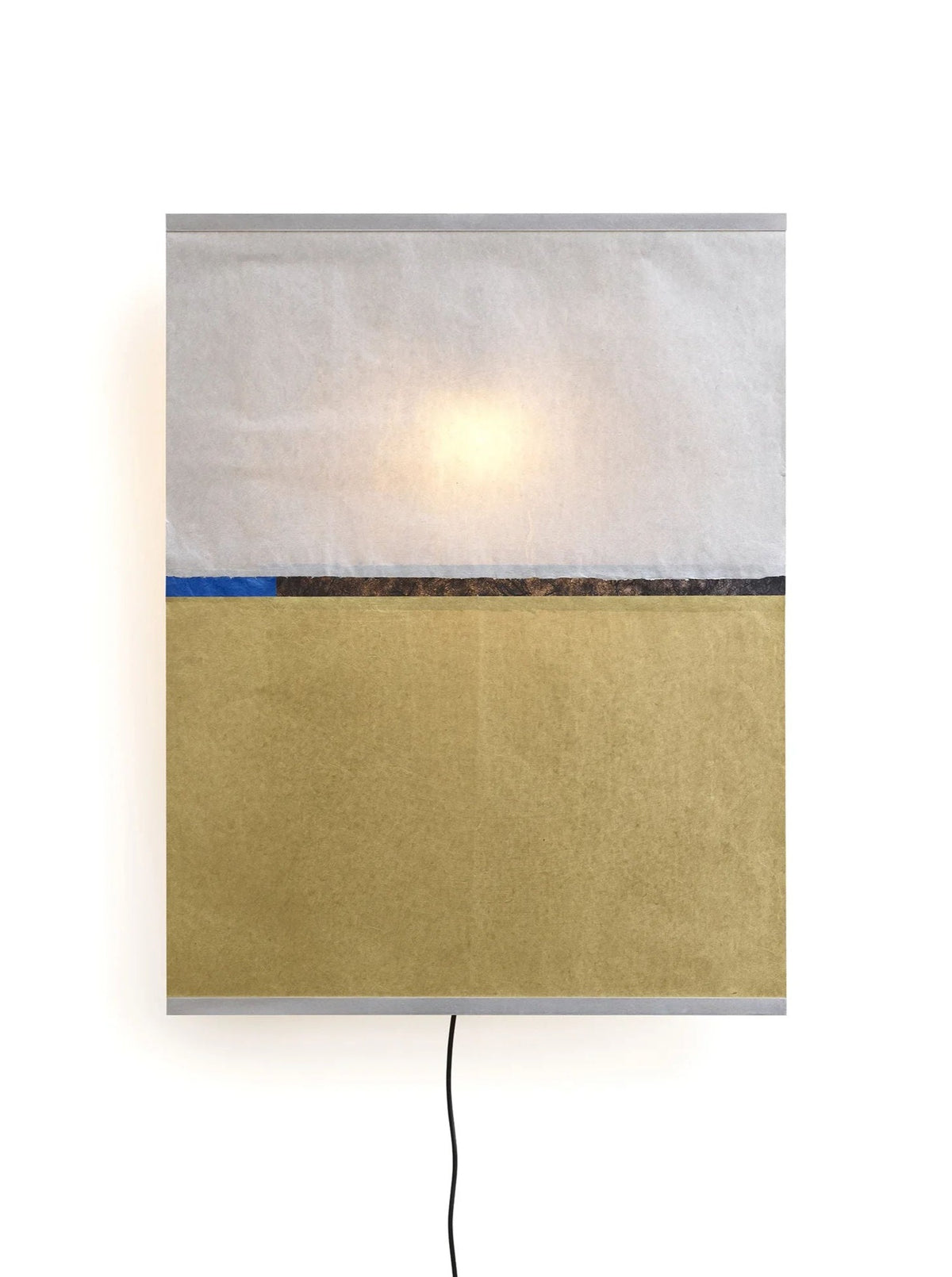 Presenting the Panel Wall Lamp – Wheat Field by TEGET, a handcrafted square wall panel lamp featuring a minimalist design. It includes a white top section, a slender blue and black line evoking the horizon of a wheat field, and an expansive beige area below. The lamp softly illuminates from the central part, complemented by a visible cord at the bottom.