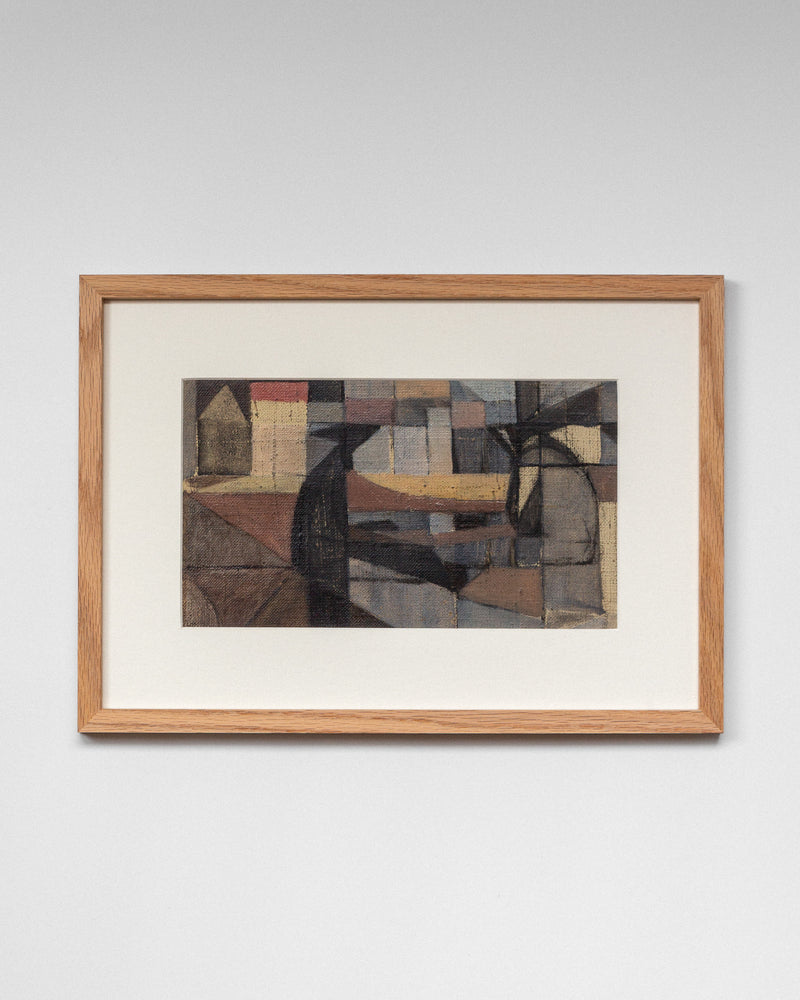 This Spigel product, an Abstract Oil Painting by Carl Riise from the 1970s in Sweden, showcases a cubist-influenced cityscape with geometric shapes and muted tones like brown, gray, and beige. It features architectural forms within a simple light wood frame on a plain white wall.