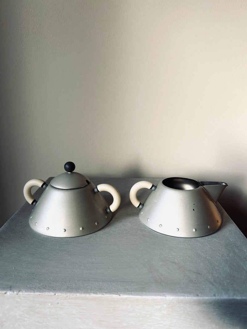 Vintage Alessi Sugar Pot & Creamer Set in polished stainless steel