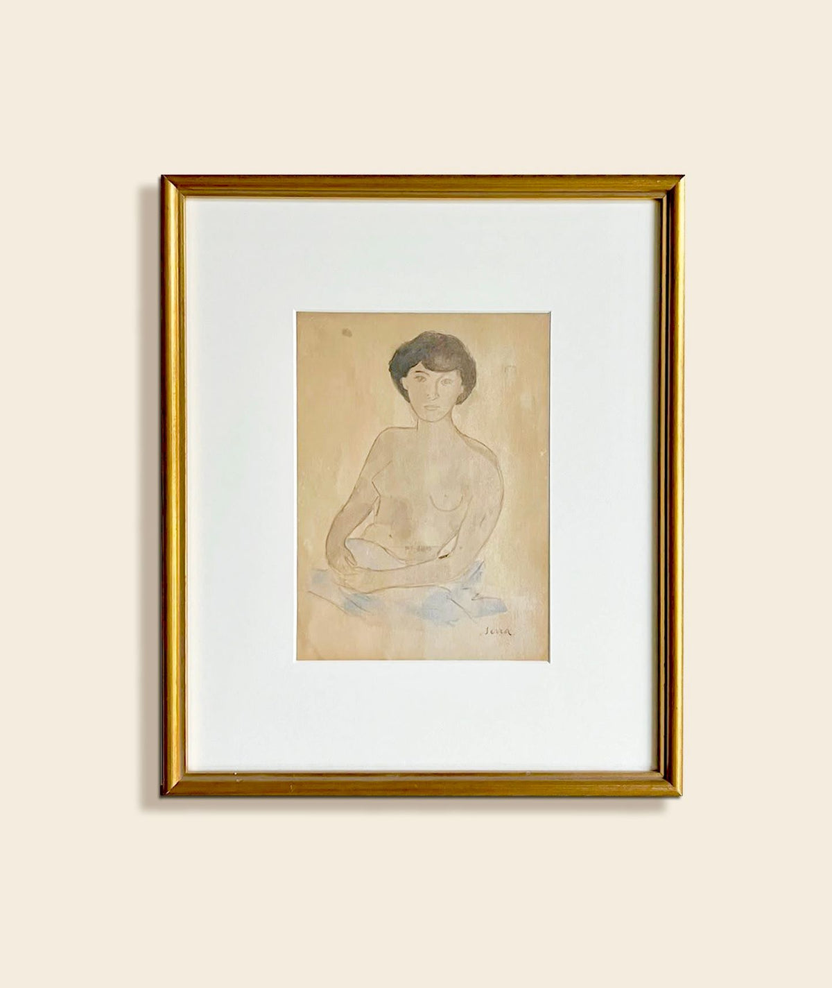 Framed watercolor nude portrait with woman resting, gold frame