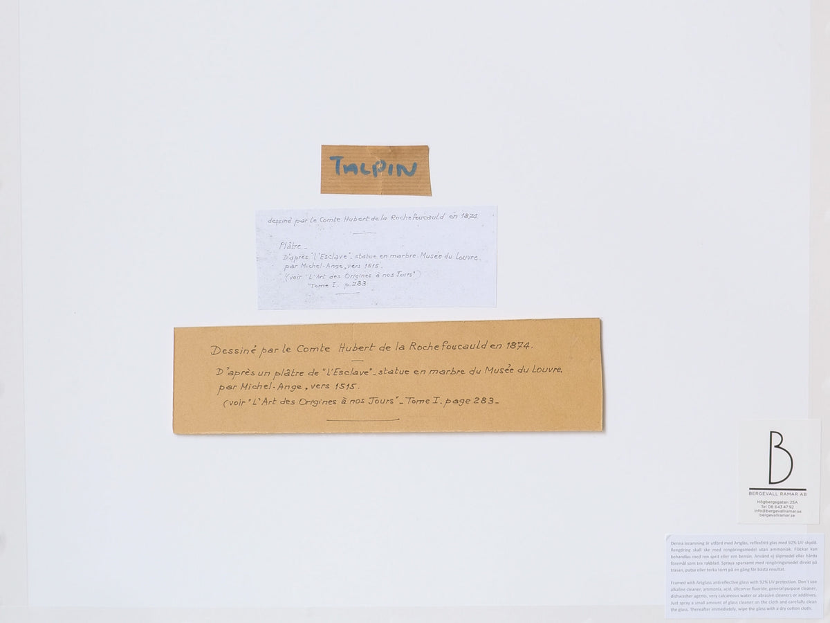 The image showcases two handwritten notes against a plain white background. The top note displays "Tulipin" in blue text, while the bottom note provides detailed information about the "Charcoal Sketch 1894," an artwork by Collection apart with references to Comte Hubert de la Rochefoucauld and the Louvre Museum.