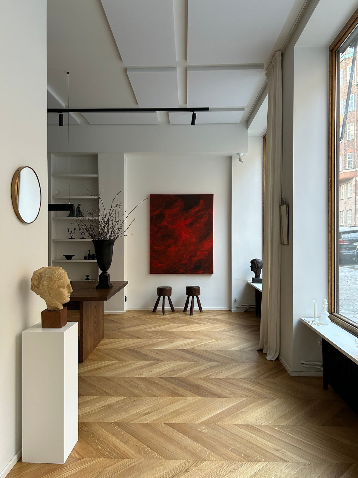 Mad Rush red abstract painting by Mattias Storm in modern interior