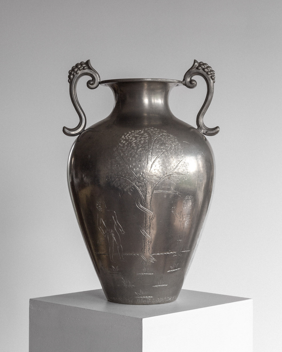 Swedish Art Deco pewter amphora with engraved Adam & Eve scene, 1930s