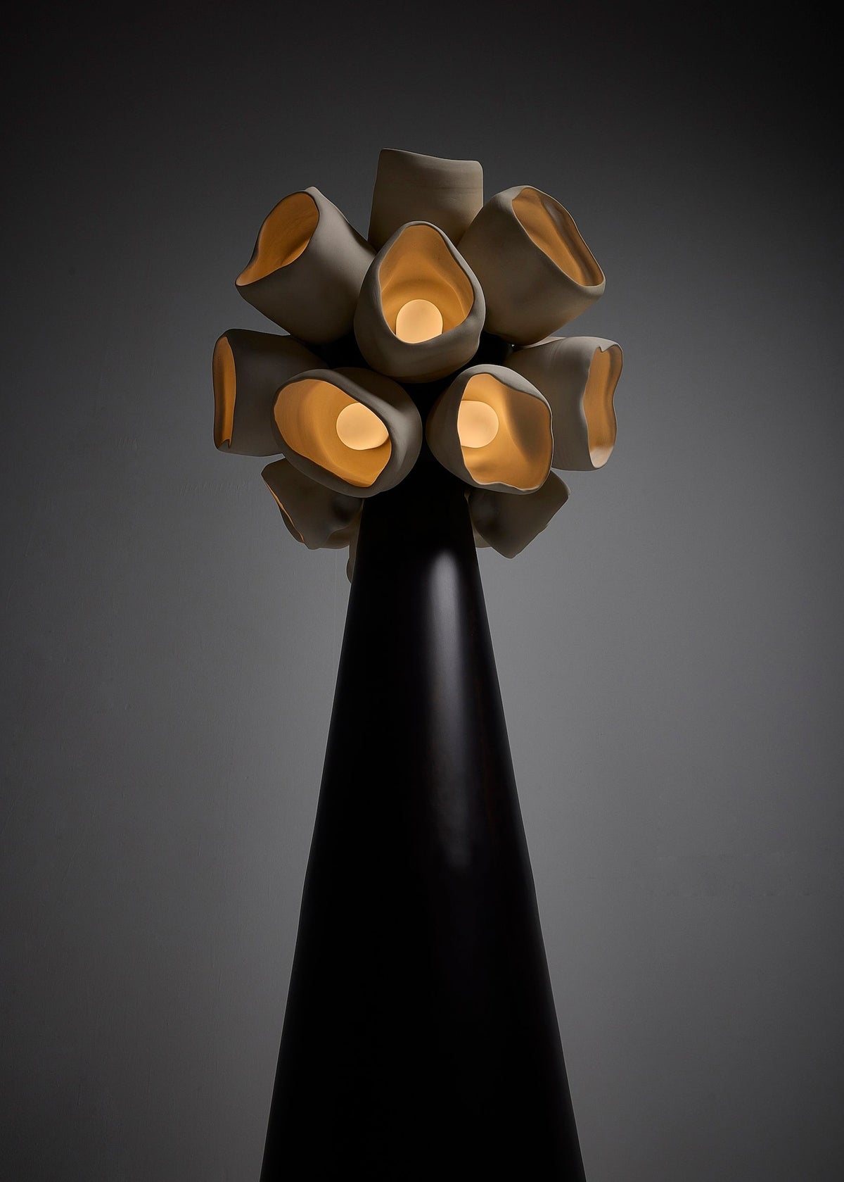 Contemporary floor lamp with curved vessel-like shades on black base