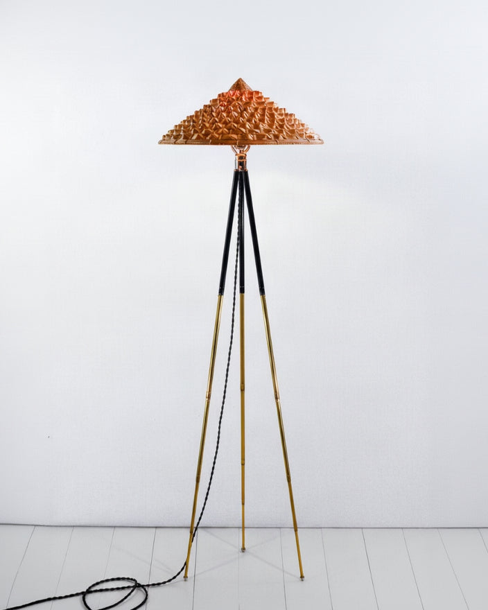 Horst copper triangular shade tripod floor lamp with brass legs