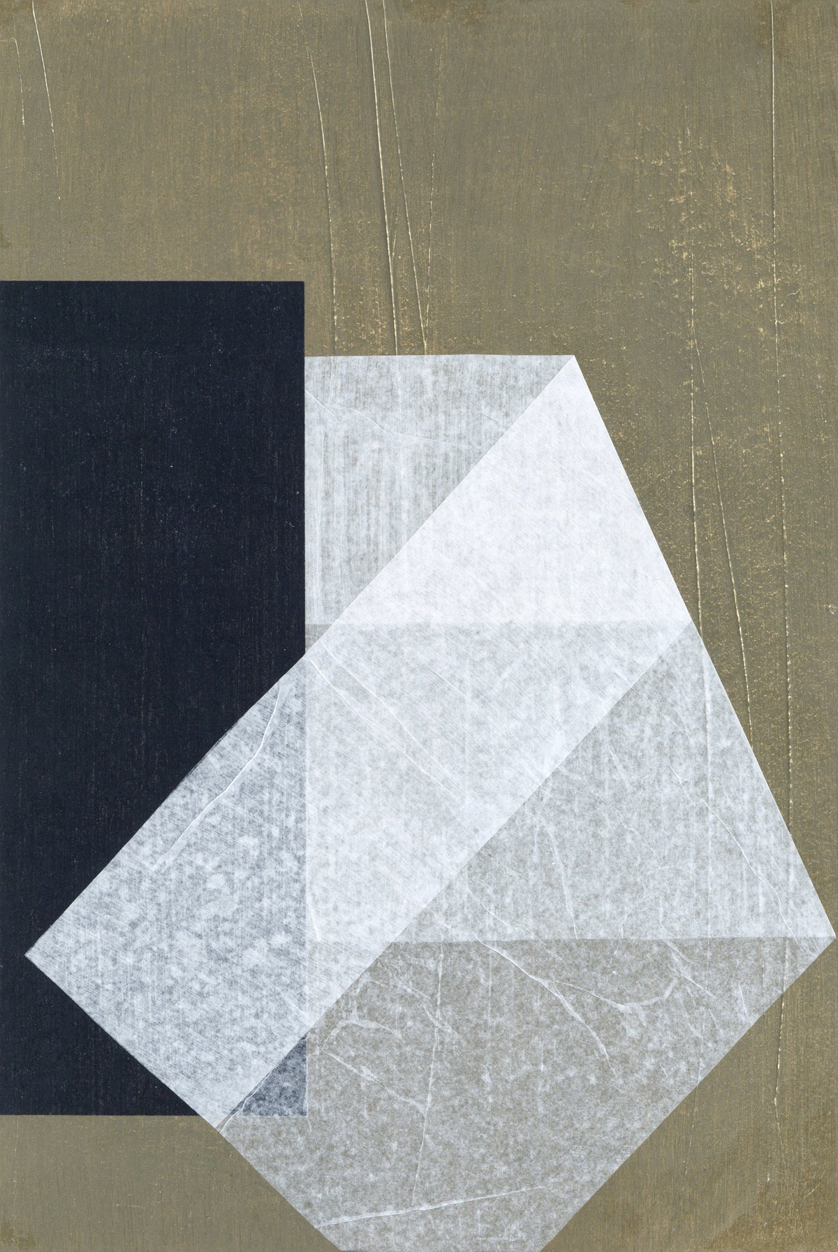 Stone and Gap No.06" by Julita Elbe features abstract geometric artwork with gray and white translucent shapes on a dark background, crafted on textured olive-green handmade cotton paper.