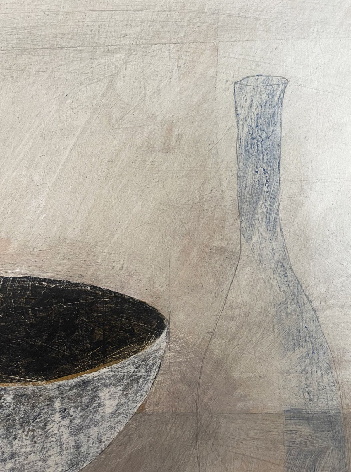 A minimalist art piece, this Lara Voce 'Ansoku' Painting on cradled wooden panel features a textured canvas with an abstract bowl on the left and a faint outline of a tall, narrow vase on the right. The background is a muted, earthy tone, and the objects are depicted in a subtle, monochromatic color scheme.